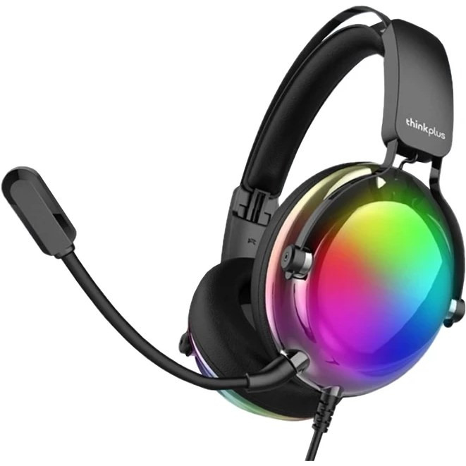 نمای جلو هدست لنوو مدل ThinkPlus G82A با طراحی سیمی و نورپردازی RGB