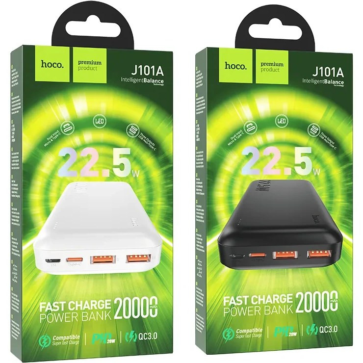 جعبه پاوربانک هوکو مدل J101A در رنگهای سفید و مشکی، همراه با مشخصات فنی کامل، مناسب برای خرید مطمئن و هدیه