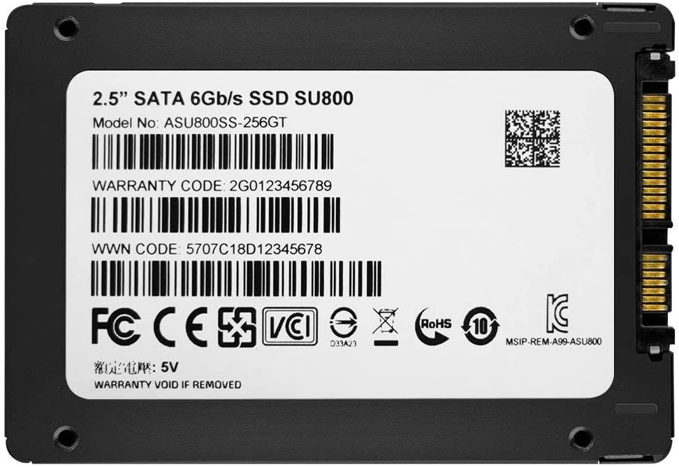 پشت هارد SSD ای دیتا SU800 همراه با لیبل مشخصات فنی