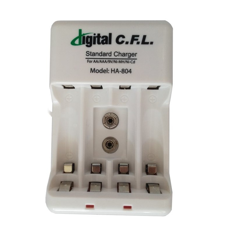 نمای داخلی شارژر CFL HA-804 با قابلیت شارژ 4 باتری قلمی یا نیم قلمی