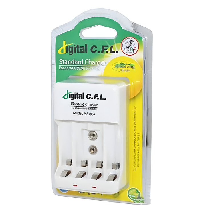 شارژر باتری CFL مدل HA-804 با طراحی تاشو و بدنه سفید رنگ