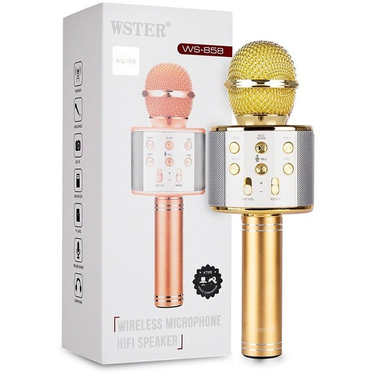 میکروفون اسپیکر بلوتوثی مدل WS-858 رنگ طلایی به همراه جعبه بسته‌بندی اورجینال