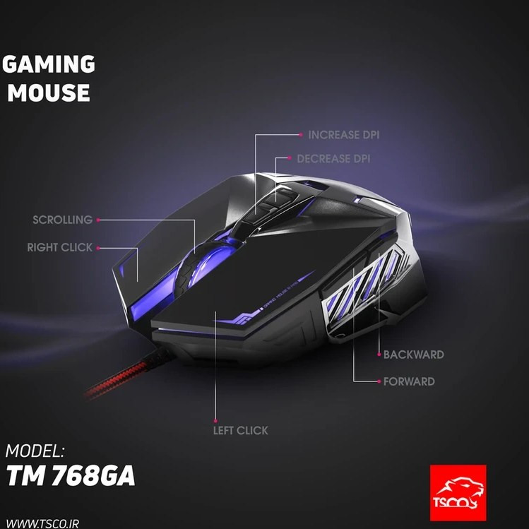 ماوس گیمینگ تسکو مدل TM 768GA با قابلیت تنظیم DPI برای بازیهای حرفهای