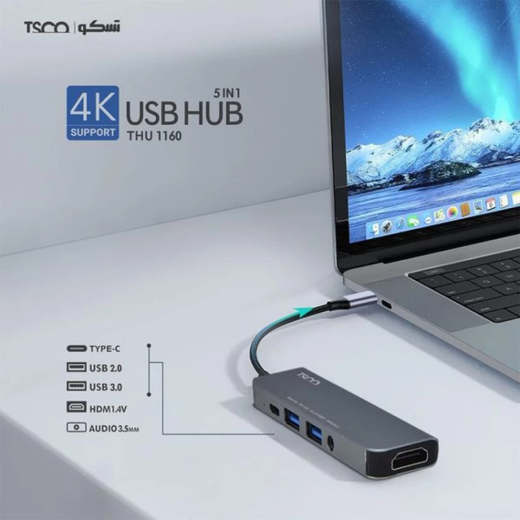 هاب USB تسکو THU 1160 | پنج پورت با HDMI، Type-C و شارژ سریع تا ۸۰ وات